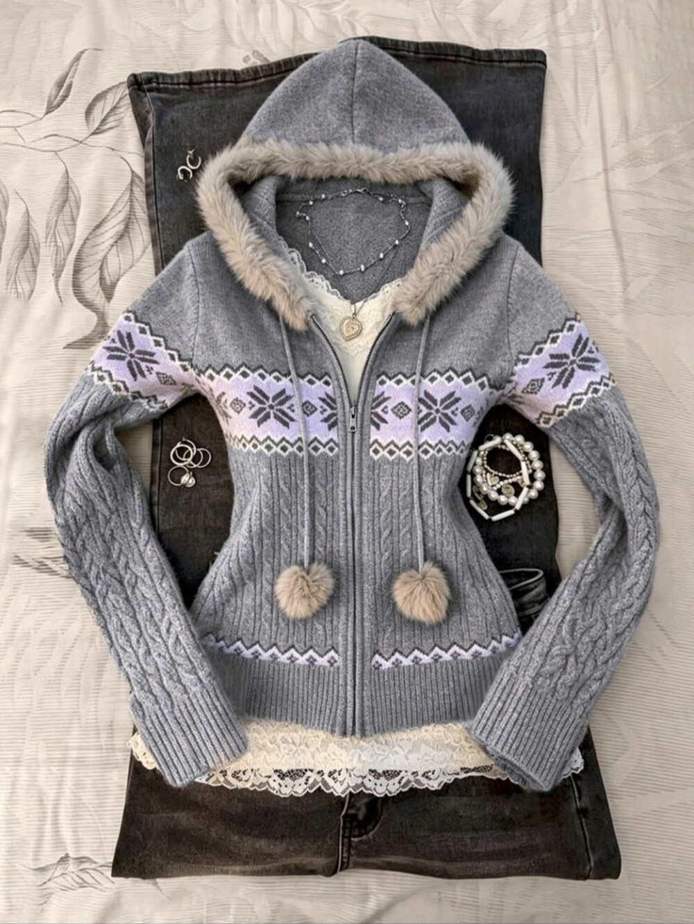 Grey Style Vintage Casual Fashion Romantic Commute Cute Hooded Fur Collar Knit